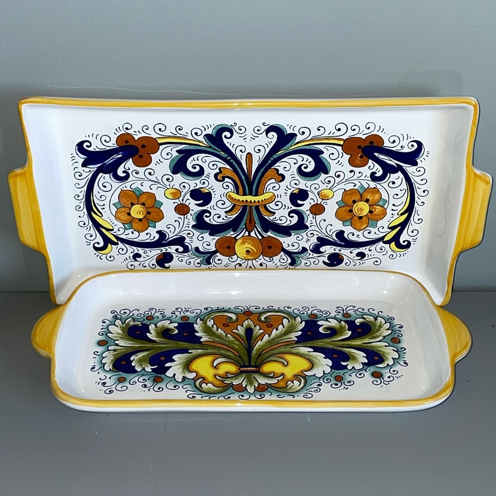 Nova Deruta Italy Hand Painted Decorative Pottery Trays with Handles